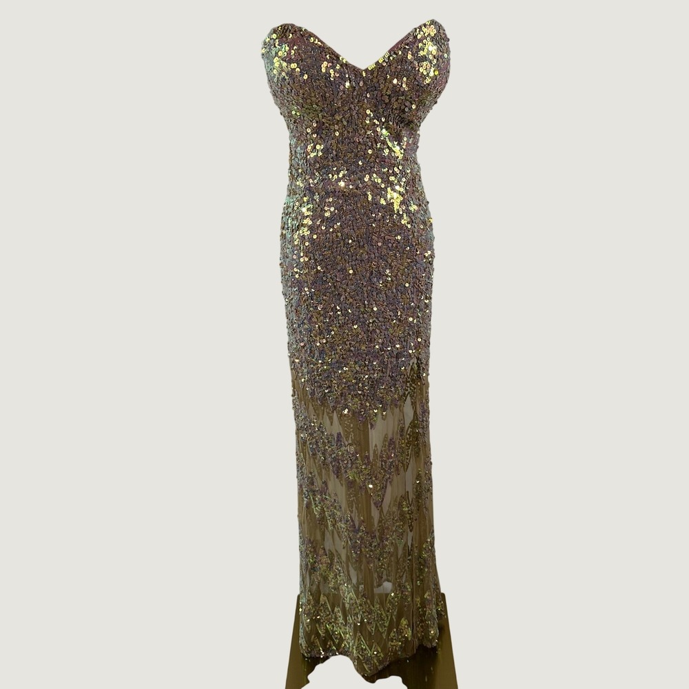 Primavera Couture Gold Sequin Gown Women Plus Size 16 Strapless Front Slit Party